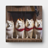 American Eskimo am Feuerplatz Weihnachten Fotoplatte (Vorderseite)
