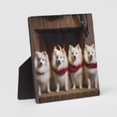 American Eskimo am Feuerplatz Weihnachten Fotoplatte (Vorderseite)