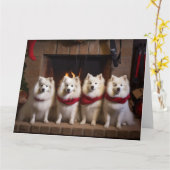 American Eskimo am Feuerplatz Weihnachten Karte (Gelbe Blume)