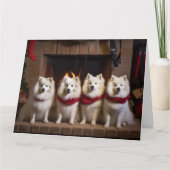 American Eskimo am Feuerplatz Weihnachten Karte (Vorderseite)