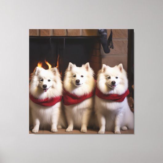 American Eskimo am Feuerplatz Weihnachten Leinwanddruck (Vorderseite)
