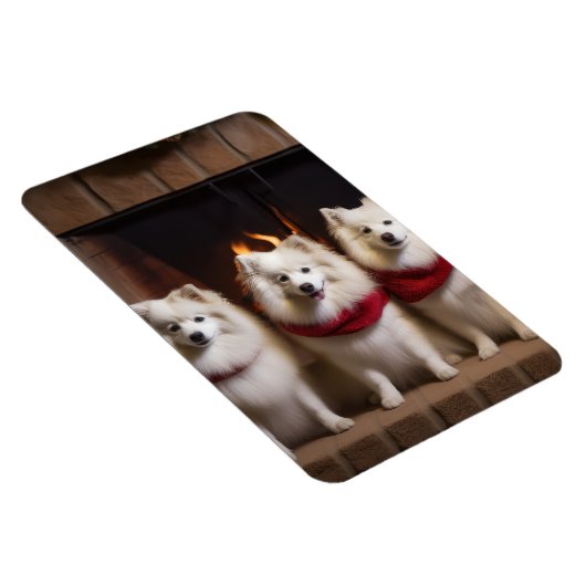 American Eskimo am Feuerplatz Weihnachten Magnet (Rechte Seite)