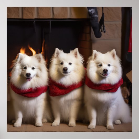 American Eskimo am Feuerplatz Weihnachten Poster (Vorne)