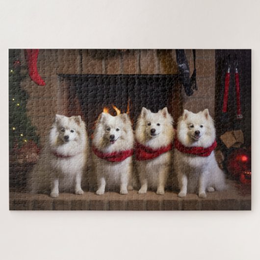 American Eskimo am Feuerplatz Weihnachten Puzzle (Horizontal)