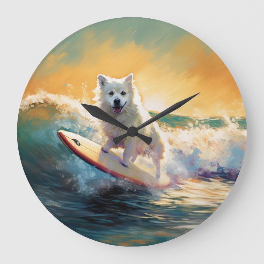 American Eskimo Beach Surfmalerei Große Wanduhr (Vorderseite)