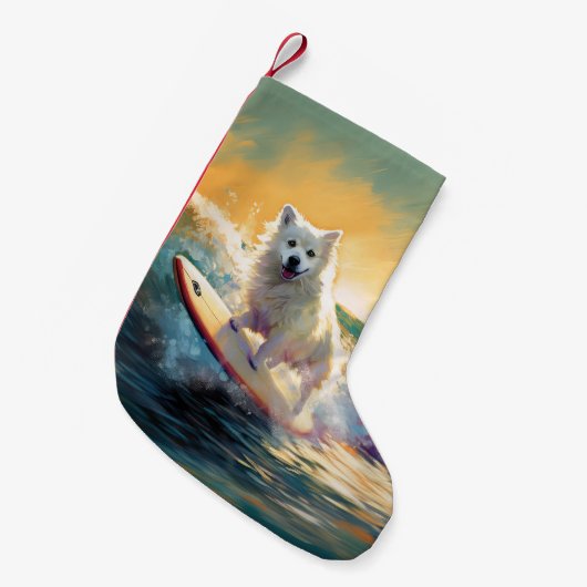 American Eskimo Beach Surfmalerei Kleiner Weihnachtsstrumpf (Vorderansicht (hängend))