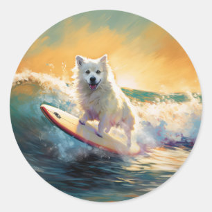 American Eskimo Beach Surfmalerei Runder Aufkleber