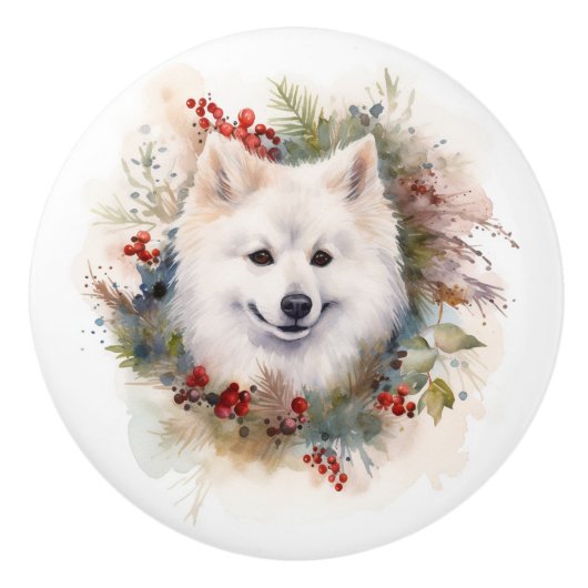 American Eskimo Christmas Wreath Festivals Keramikknauf (Vorderseite)