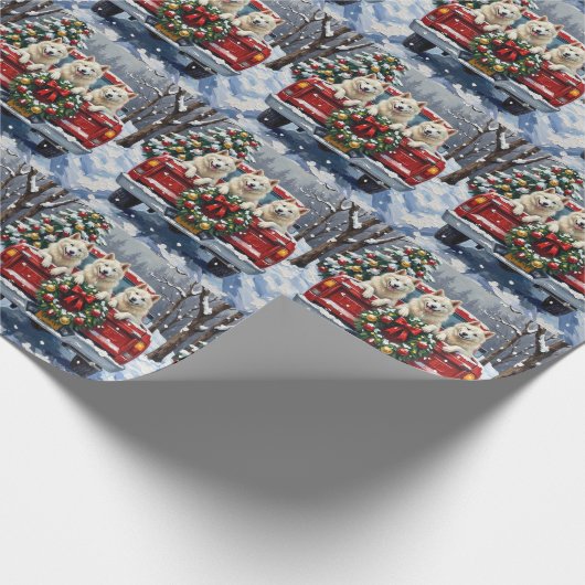 American Eskimo Dog Christmas Red Truck Holiday Geschenkpapier (Ecke)
