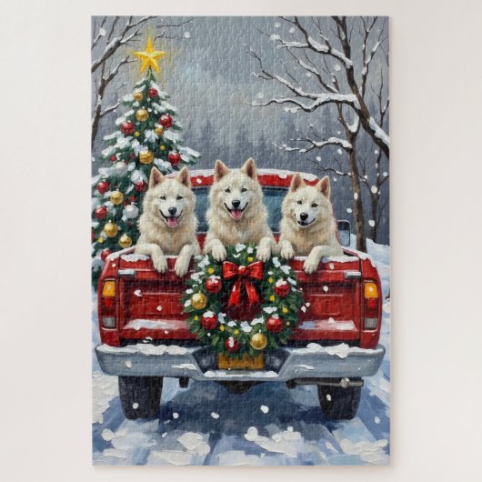 American Eskimo Dog Christmas Red Truck Holiday Puzzle (Vertikal)