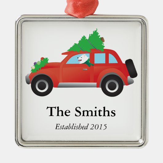 American Eskimo Dog Driving Car mit Weihnachtsbaum Silbernes Ornament (Vorne)