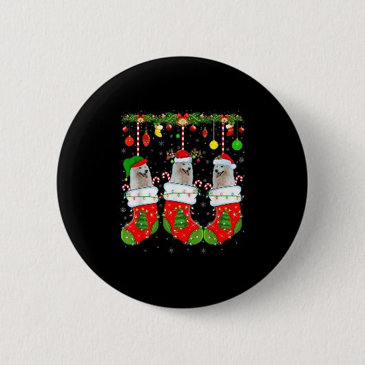 American Eskimo Dog In Christmas Socks Funny Dog L Button (Vorderseite)