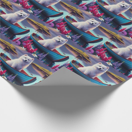 American Eskimo Dog on Paddle: Ein Landschaftliche Geschenkpapier (Ecke)