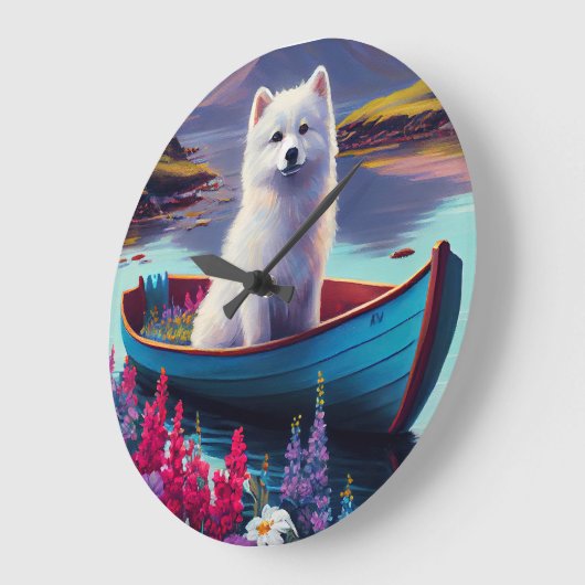 American Eskimo Dog on Paddle: Ein Landschaftliche Große Wanduhr (Winkel)