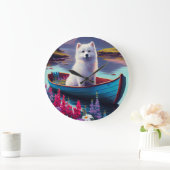 American Eskimo Dog on Paddle: Ein Landschaftliche Große Wanduhr (Zuhause)