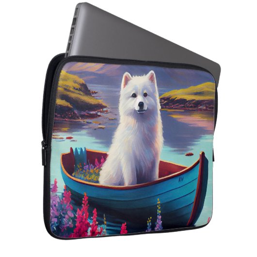 American Eskimo Dog on Paddle: Ein Landschaftliche Laptopschutzhülle (Vorne Rechts)