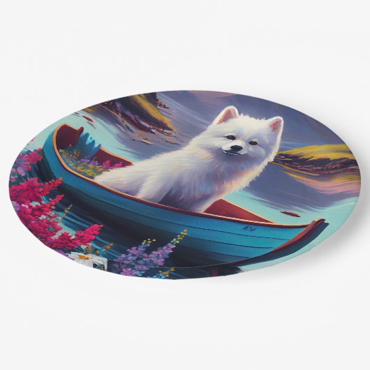 American Eskimo Dog on Paddle: Ein Landschaftliche Pappteller (Schrägansicht)