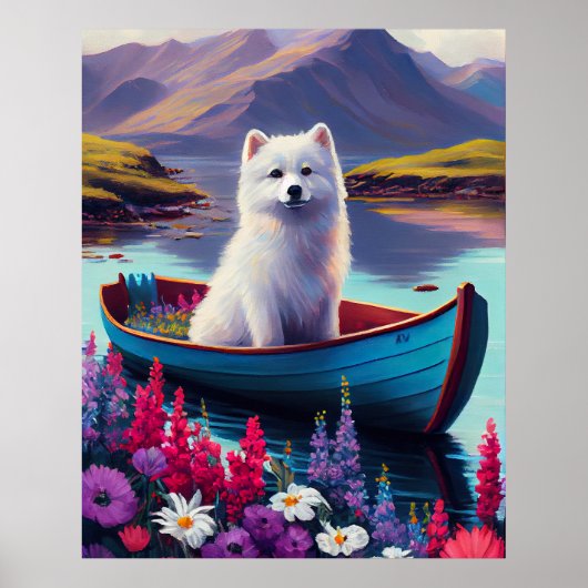 American Eskimo Dog on Paddle: Ein Landschaftliche Poster (Vorne)