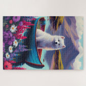 American Eskimo Dog on Paddle: Ein Landschaftliche Puzzle (Horizontal)