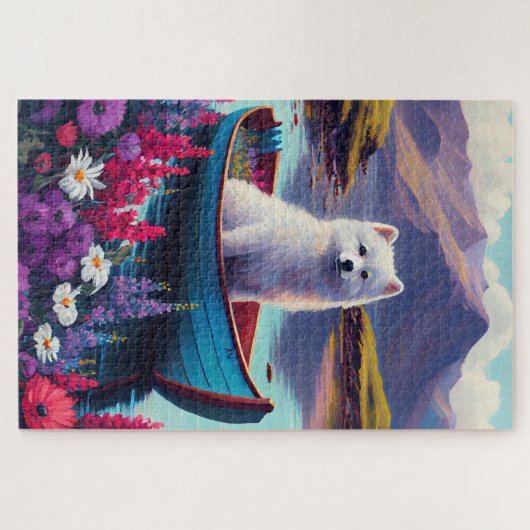 American Eskimo Dog on Paddle: Ein Landschaftliche Puzzle (Horizontal)