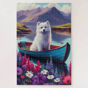 American Eskimo Dog on Paddle: Ein Landschaftliche Puzzle