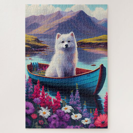 American Eskimo Dog on Paddle: Ein Landschaftliche Puzzle (Vertikal)