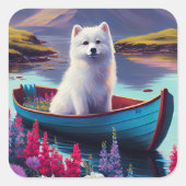 American Eskimo Dog on Paddle: Ein Landschaftliche Quadratischer Aufkleber (Vorderseite)