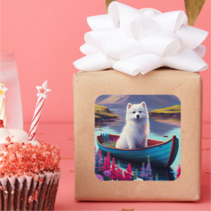 American Eskimo Dog on Paddle: Ein Landschaftliche Quadratischer Aufkleber