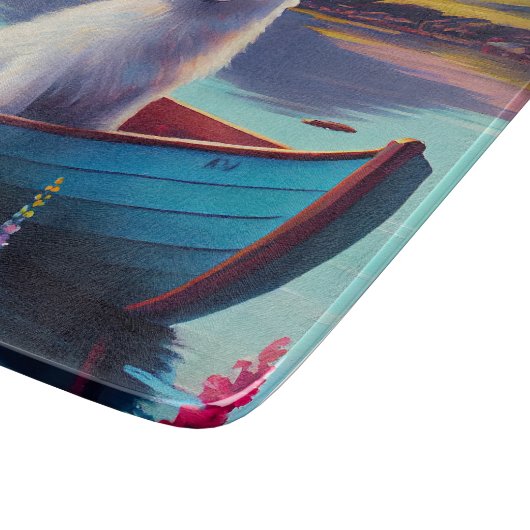 American Eskimo Dog on Paddle: Ein Landschaftliche Schneidebrett (Ecke)