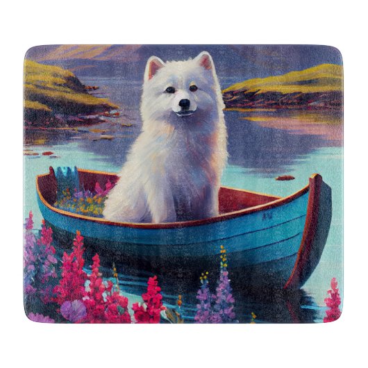 American Eskimo Dog on Paddle: Ein Landschaftliche Schneidebrett (Vorderseite)