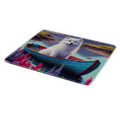 American Eskimo Dog on Paddle: Ein Landschaftliche Schneidebrett (Ecke)