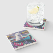 American Eskimo Dog on Paddle: Ein Landschaftliche Steinuntersetzer (Seitenansicht)