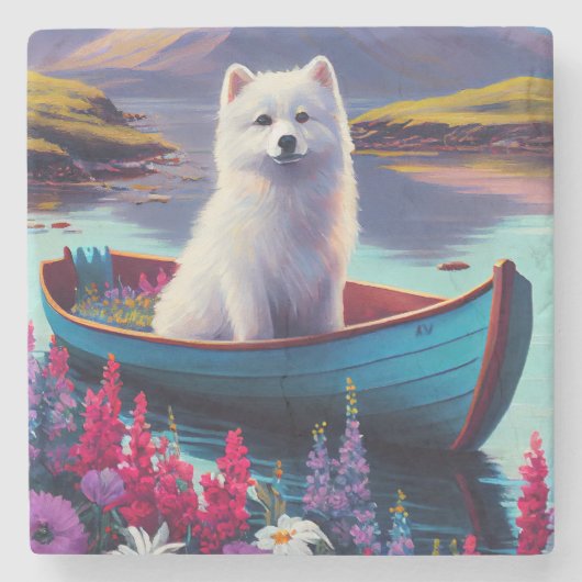 American Eskimo Dog on Paddle: Ein Landschaftliche Steinuntersetzer (Vorderseite)