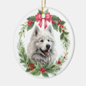 American Eskimo Dog Red Bow Holly Wreath Keramik Ornament (Links)