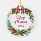 American Eskimo Dog Red Bow Holly Wreath Keramik Ornament (Hinten)