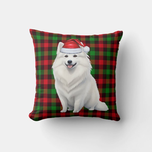 American Eskimo Dog Red Karierter Weihnachtsfeiert Kissen (Vorderseite)