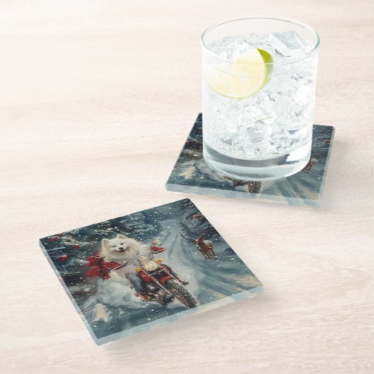 American Eskimo Dog Riding Motorrad Weihnachten Glasuntersetzer (Schrägansicht)