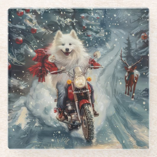 American Eskimo Dog Riding Motorrad Weihnachten Glasuntersetzer (Vorderseite)