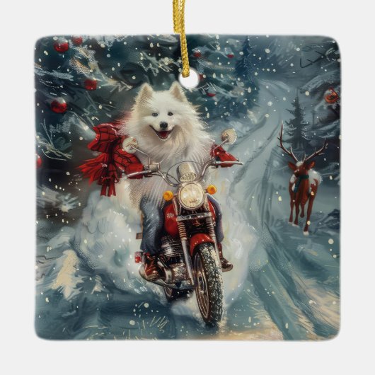 American Eskimo Dog Riding Motorrad Weihnachten Keramikornament (Vorderseite)