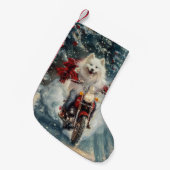 American Eskimo Dog Riding Motorrad Weihnachten Kleiner Weihnachtsstrumpf (Vorderansicht (hängend))