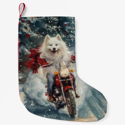 American Eskimo Dog Riding Motorrad Weihnachten Kleiner Weihnachtsstrumpf (Vorderseite)