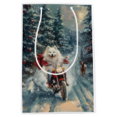 American Eskimo Dog Riding Motorrad Weihnachten Mittlere Geschenktüte (Vorderseite)