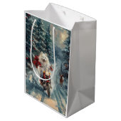 American Eskimo Dog Riding Motorrad Weihnachten Mittlere Geschenktüte (Rückseite Schrägansicht)