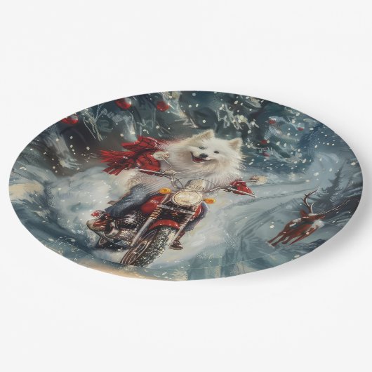 American Eskimo Dog Riding Motorrad Weihnachten Pappteller (Schrägansicht)