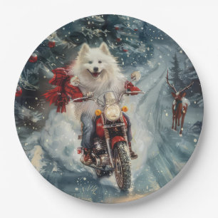 American Eskimo Dog Riding Motorrad Weihnachten Pappteller