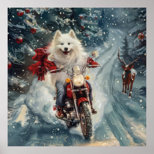 American Eskimo Dog Riding Motorrad Weihnachten Poster (Vorne)