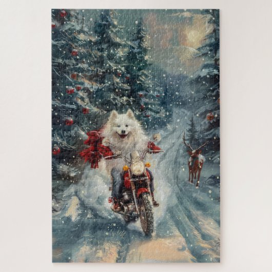 American Eskimo Dog Riding Motorrad Weihnachten Puzzle (Vertikal)