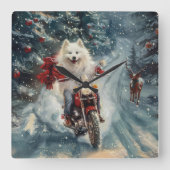 American Eskimo Dog Riding Motorrad Weihnachten Quadratische Wanduhr (Vorderseite)