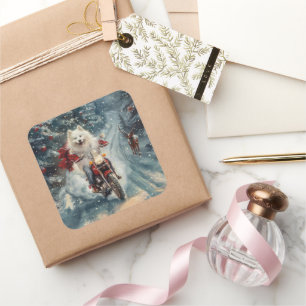 American Eskimo Dog Riding Motorrad Weihnachten Quadratischer Aufkleber