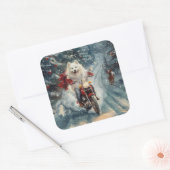 American Eskimo Dog Riding Motorrad Weihnachten Quadratischer Aufkleber (Umschlag)